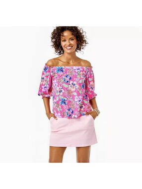 Lilly Pulitzer 100% Cotton Lessa Off-The-Shoulder Top Pink Floral Sz Large